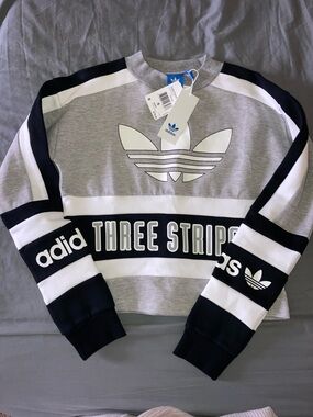 adidas Grey, Black & White Three Stripes Crew Sweatshirt